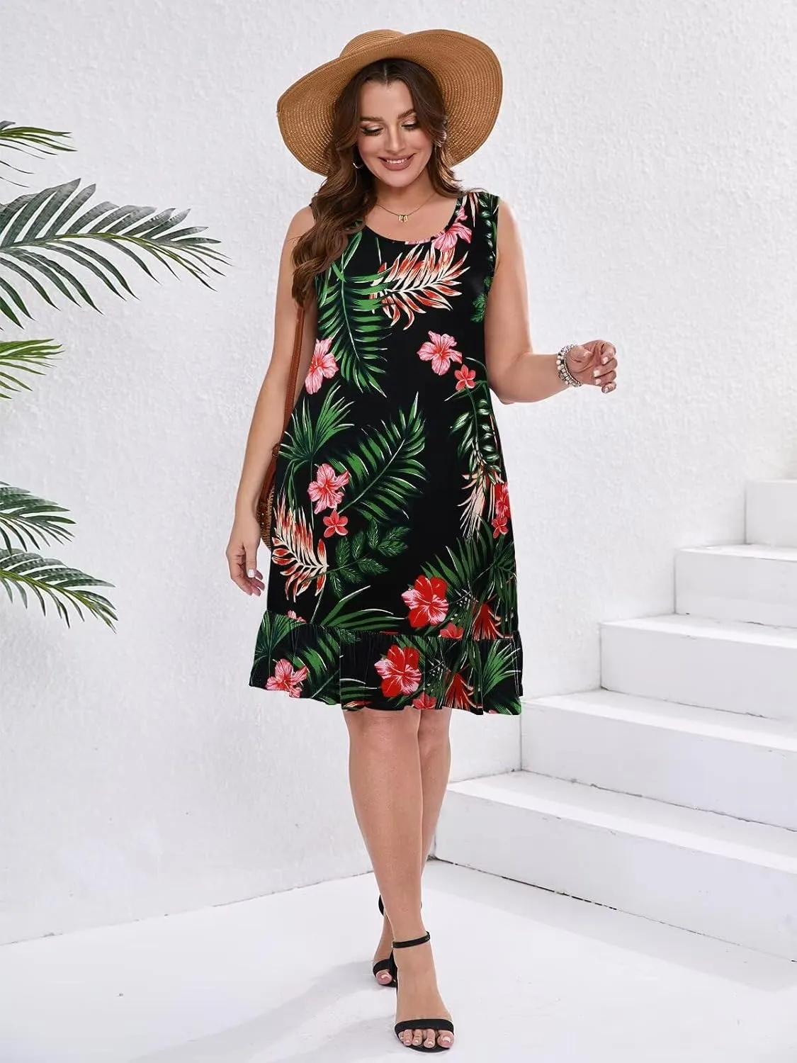 BELAROI Plus Size Sundress Casual Summer Loose Tank Dress Beach Cover Ups Vacation Outfits Pockets Ruffle Hem