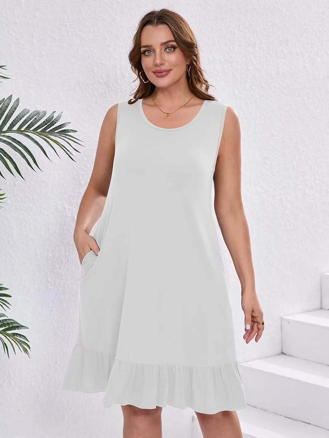 BELAROI Plus Size Sundress Casual Summer Loose Tank Dress Beach Cover Ups Vacation Outfits Pockets Ruffle Hem