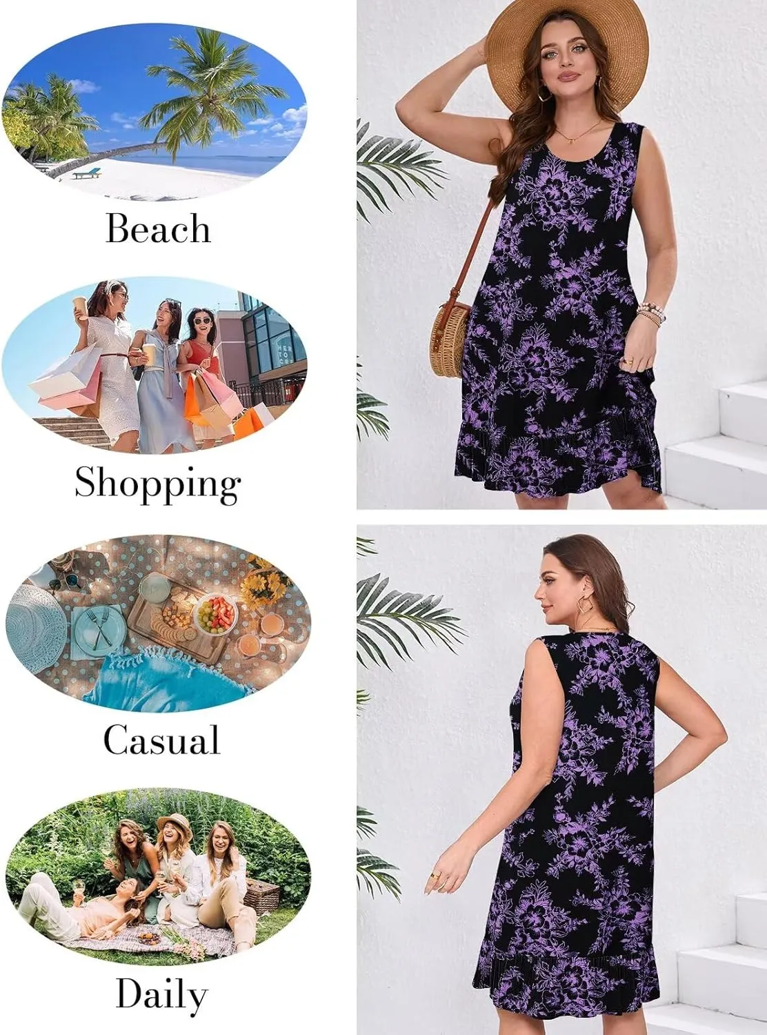 BELAROI Plus Size Sundress Casual Summer Loose Tank Dress Beach Cover Ups Vacation Outfits Pockets Ruffle Hem