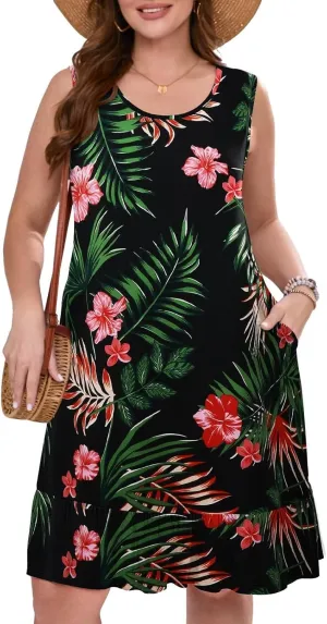 BELAROI Plus Size Sundress Casual Summer Loose Tank Dress Beach Cover Ups Vacation Outfits Pockets Ruffle Hem