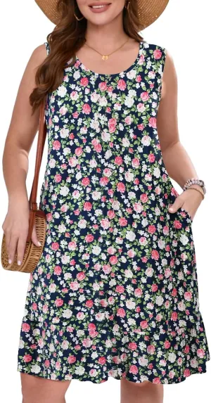 BELAROI Plus Size Sundress Casual Summer Loose Tank Dress Beach Cover Ups Vacation Outfits Pockets Ruffle Hem