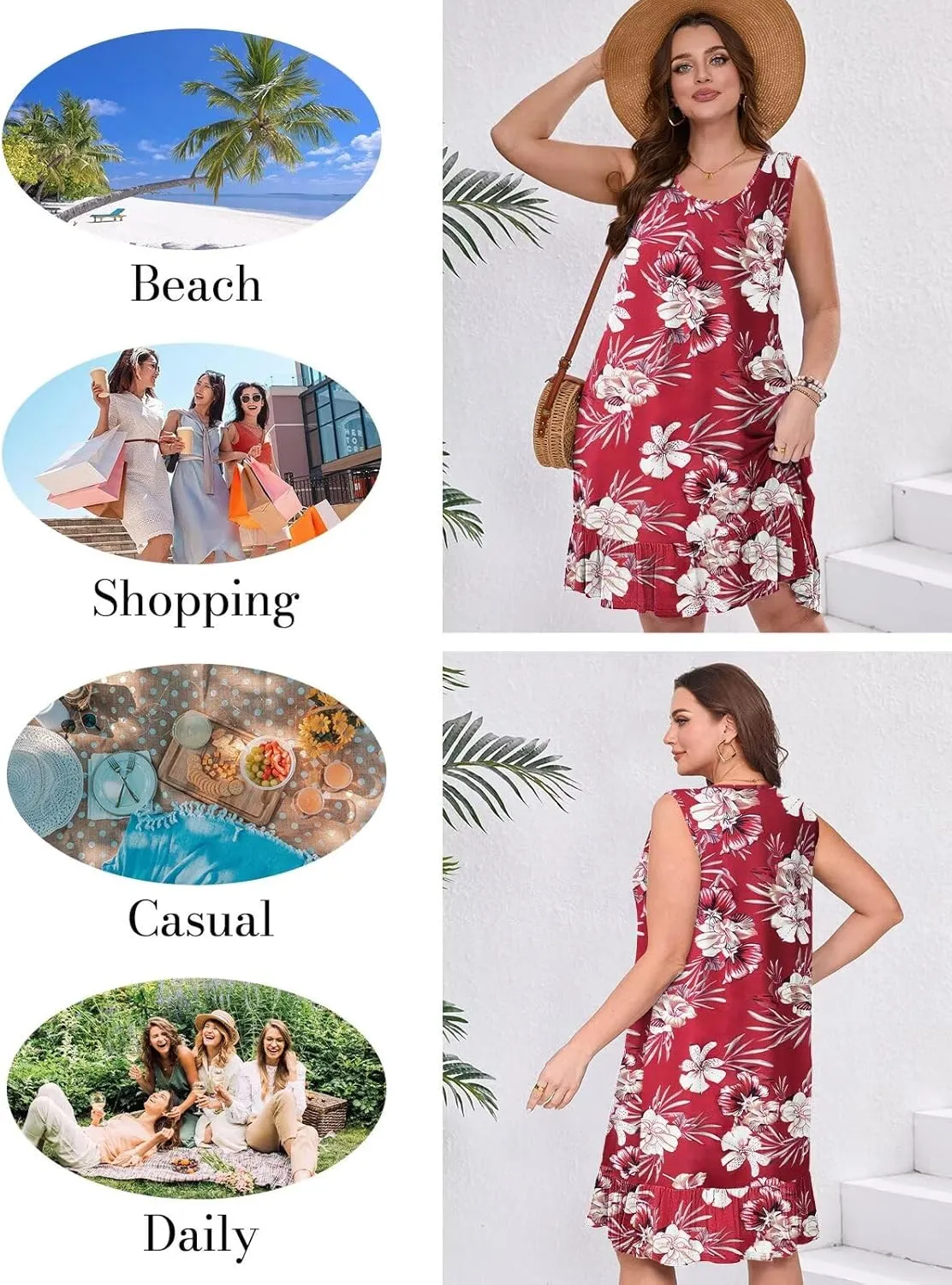 BELAROI Plus Size Sundress Casual Summer Loose Tank Dress Beach Cover Ups Vacation Outfits Pockets Ruffle Hem