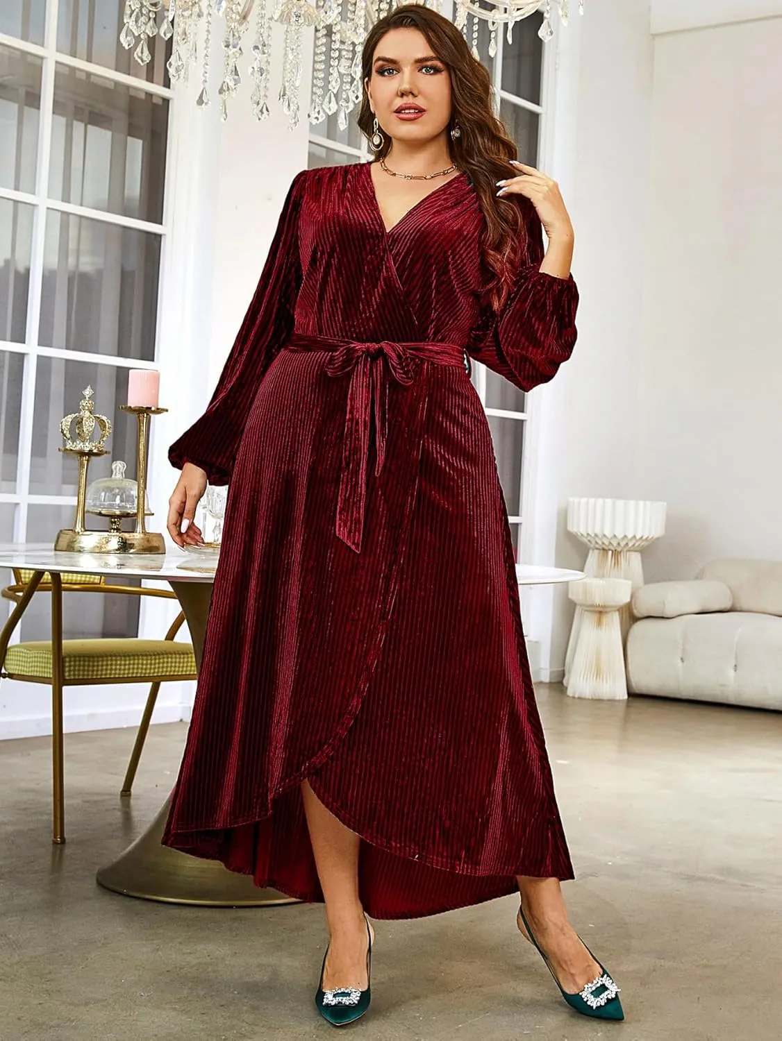 BerryGo Women's Velvet V Neck Wrap Semi Formal Dress Cocktail Party Maxi Dress for Wedding Guest