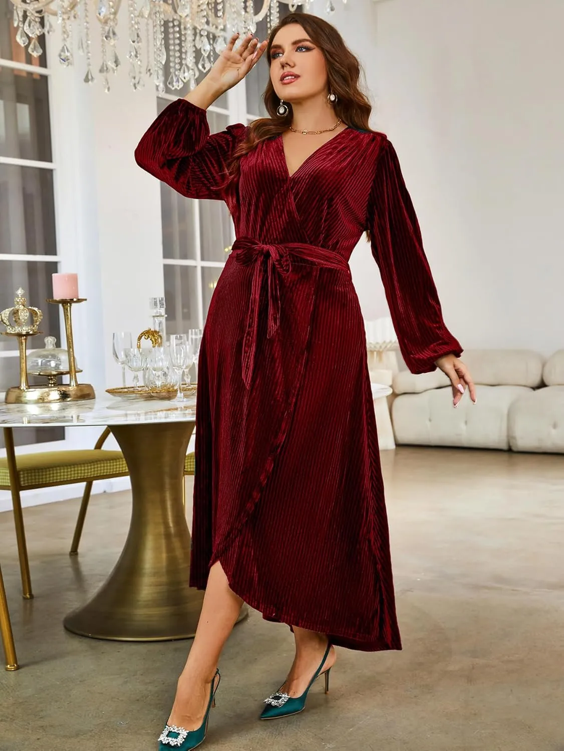 BerryGo Women's Velvet V Neck Wrap Semi Formal Dress Cocktail Party Maxi Dress for Wedding Guest