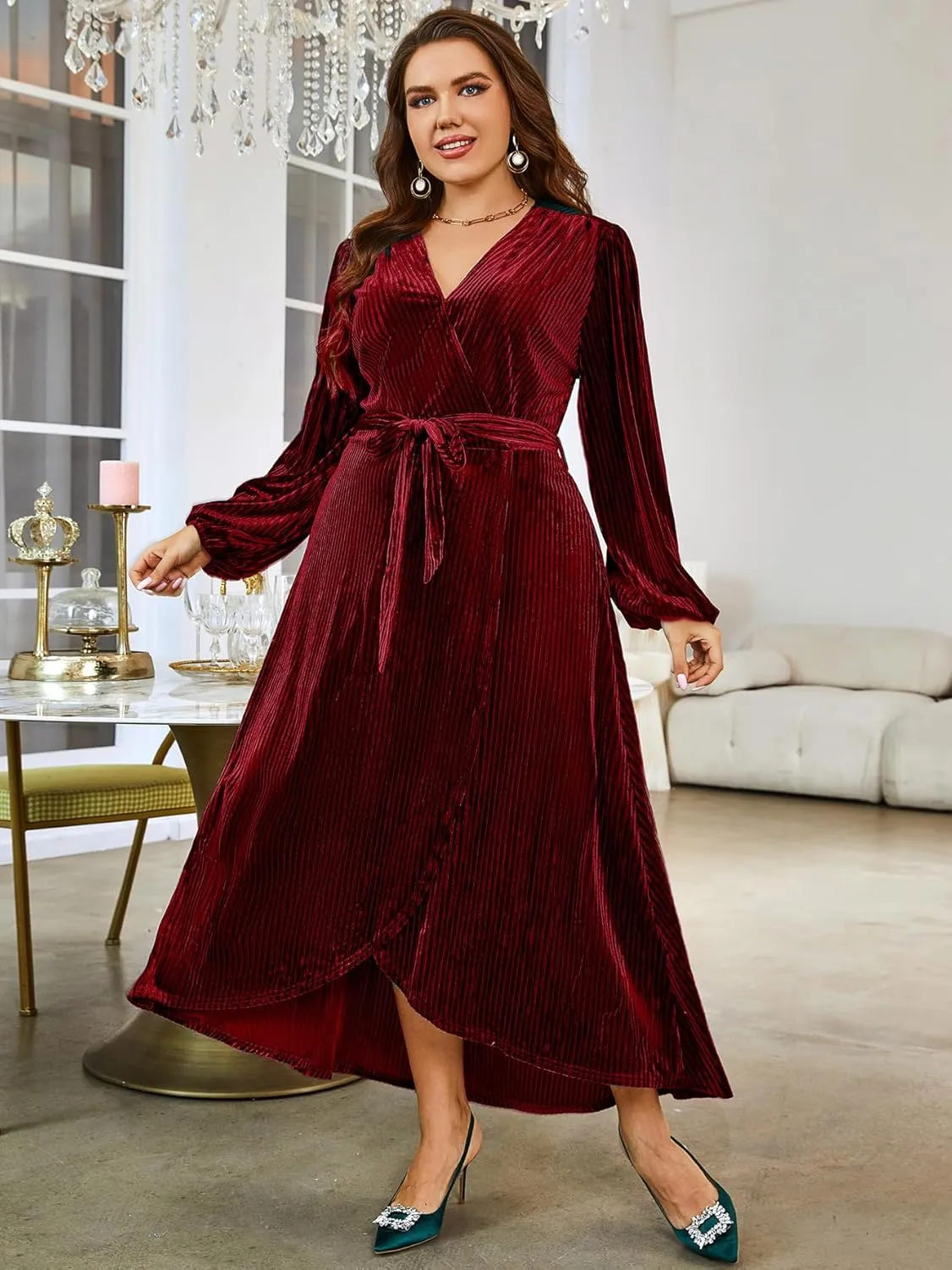 BerryGo Women's Velvet V Neck Wrap Semi Formal Dress Cocktail Party Maxi Dress for Wedding Guest