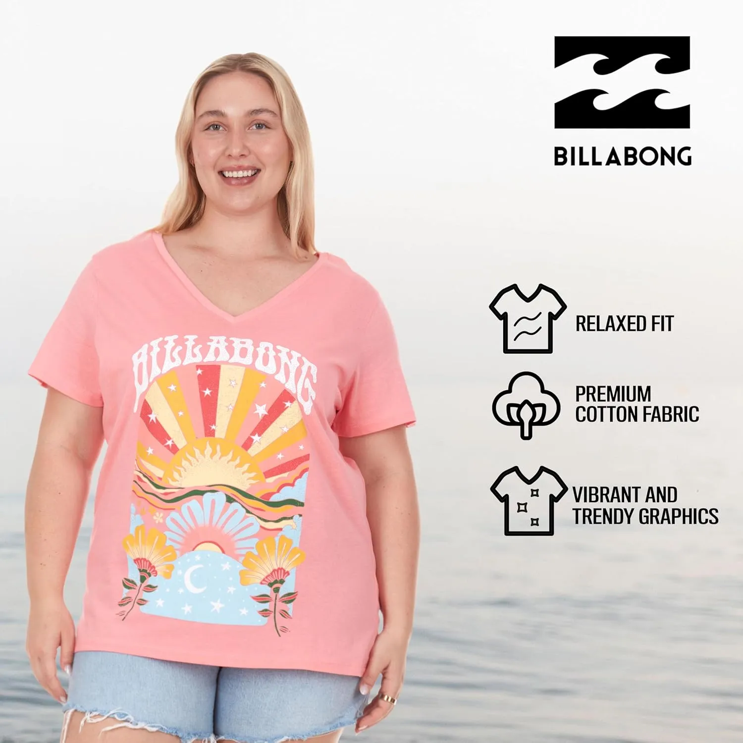 Billabong Plus Size T Shirts for Women - V Neck Oversized Womens Graphic Tees (XL-4X)