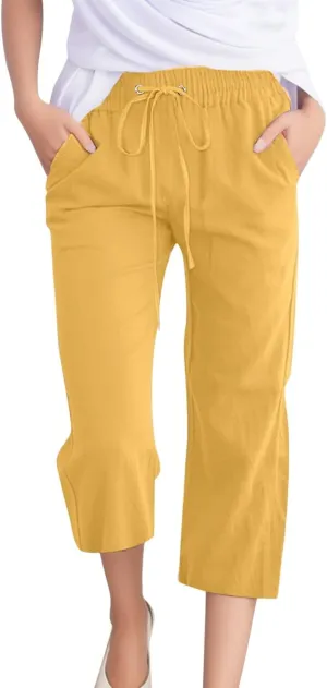 Black Linen Pants Women,Lightning Deals of Today Prime Clearance Capris Pants for Women Cotton Linen Casual Summer 2025 Straight Wide Leg Loose Drawstring Elastic Waist Cropped Trouser Yellow XXXL