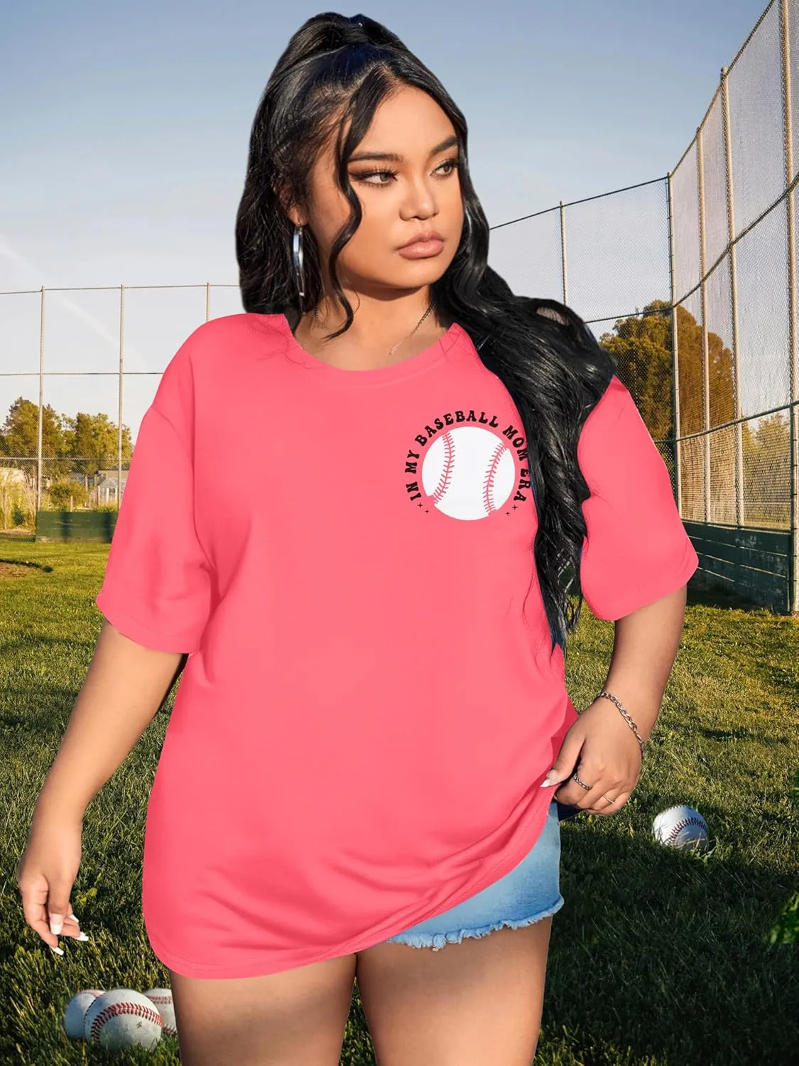 BLANCHES Plus Size Baseball Shirt Women in My Baseball Mom Era Graphic Tee Game Day T-Shirt Softball Mom Tops