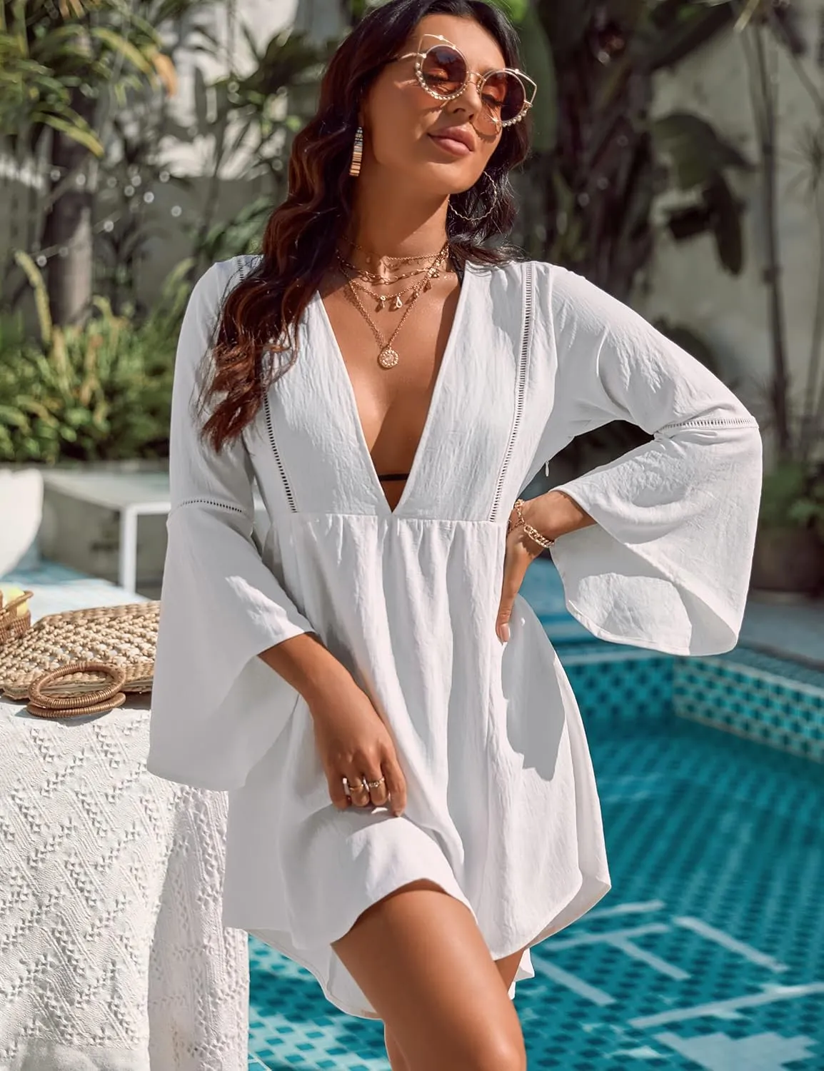 Blooming Jelly Womens Swimsuit Coverup V Neck Chiffon Bathing Suit Beach Dress Flowy Swim Bikini Cover Up