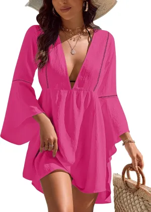 Blooming Jelly Womens Swimsuit Coverup V Neck Chiffon Bathing Suit Beach Dress Flowy Swim Bikini Cover Up