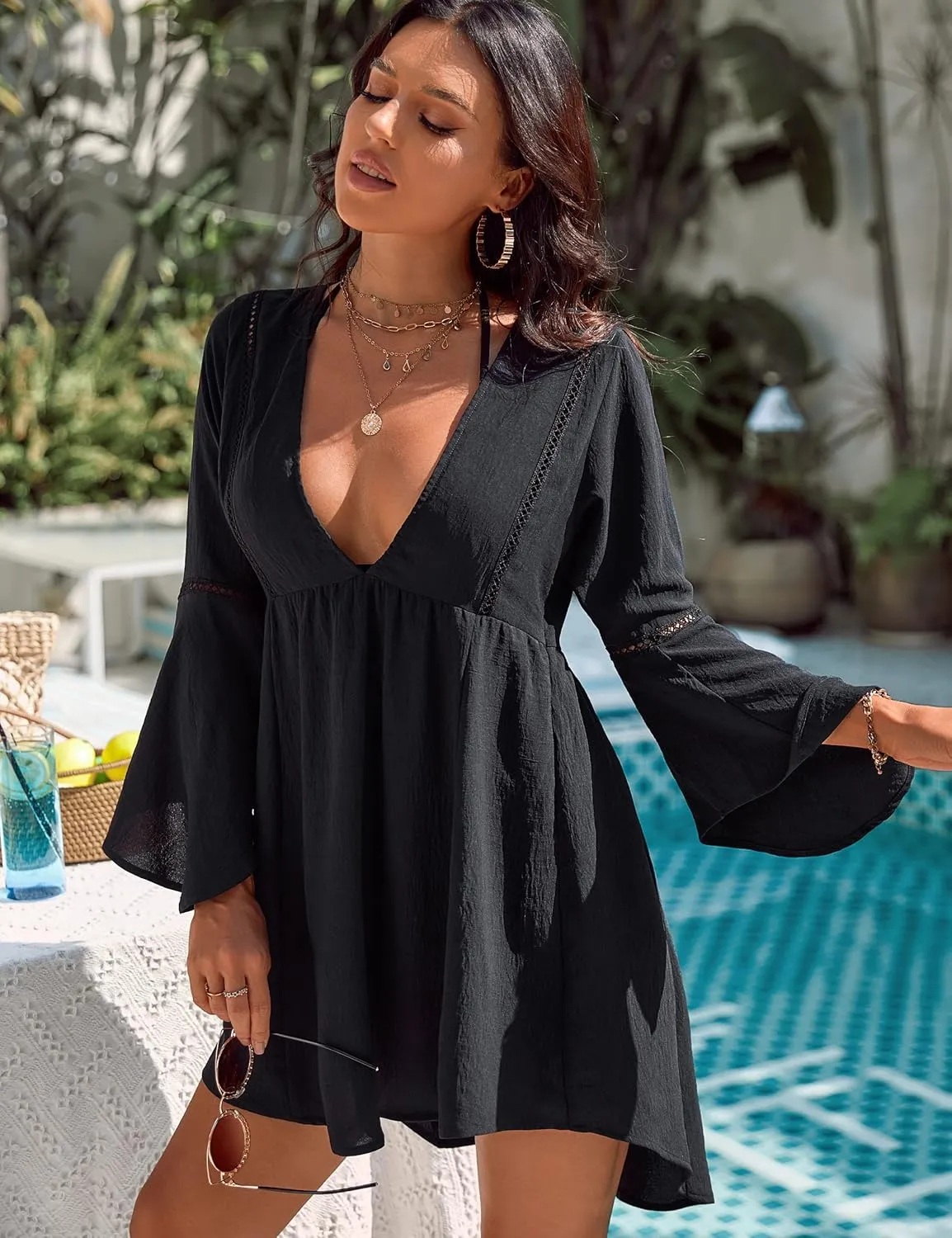 Blooming Jelly Womens Swimsuit Coverup V Neck Chiffon Bathing Suit Beach Dress Flowy Swim Bikini Cover Up