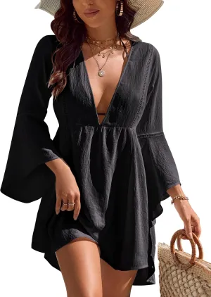 Blooming Jelly Womens Swimsuit Coverup V Neck Chiffon Bathing Suit Beach Dress Flowy Swim Bikini Cover Up
