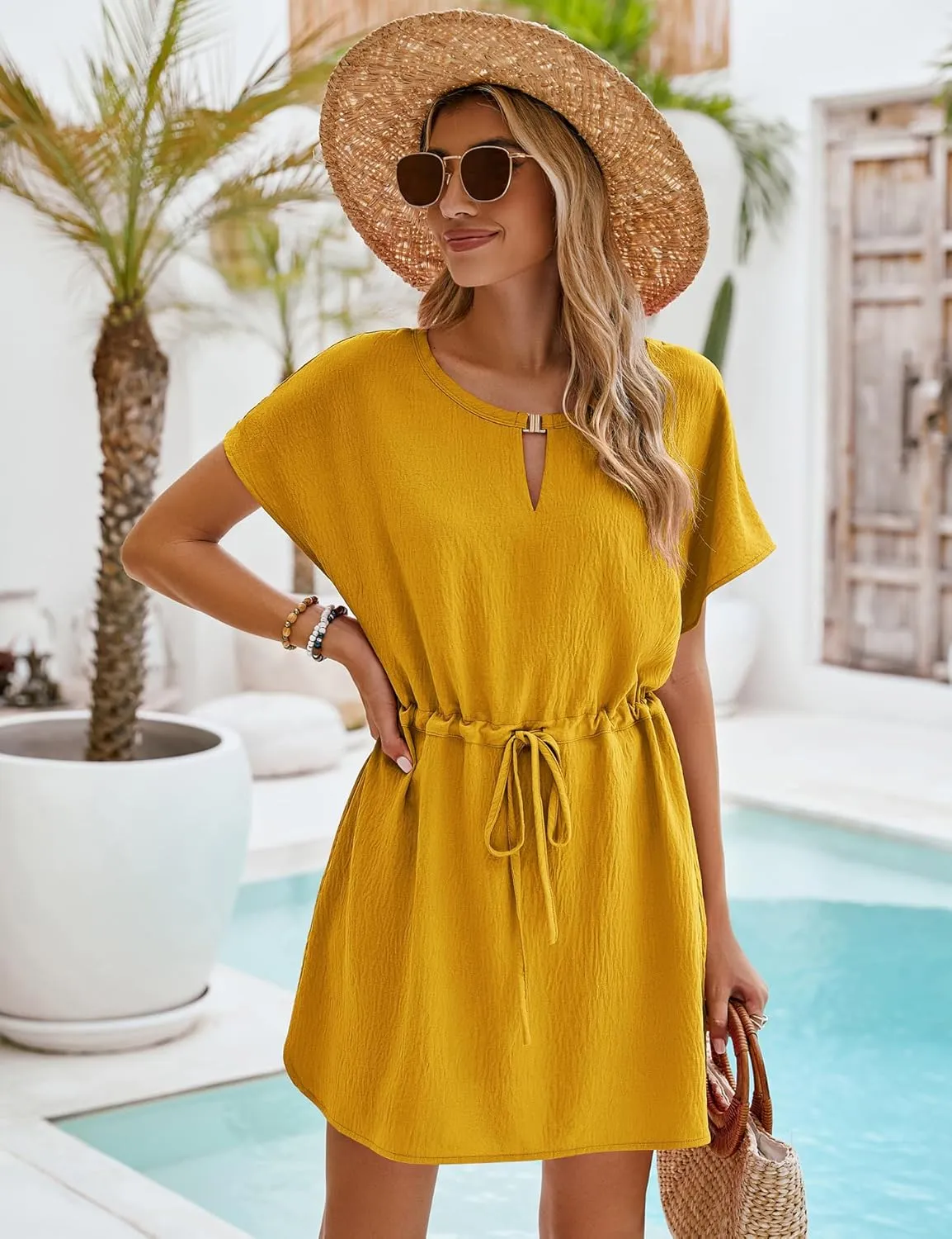Bluetime Women Casual Summer Swimsuit Coverup Bikini Beachwear Coverups Flowy Short Sleeve Beach Dress