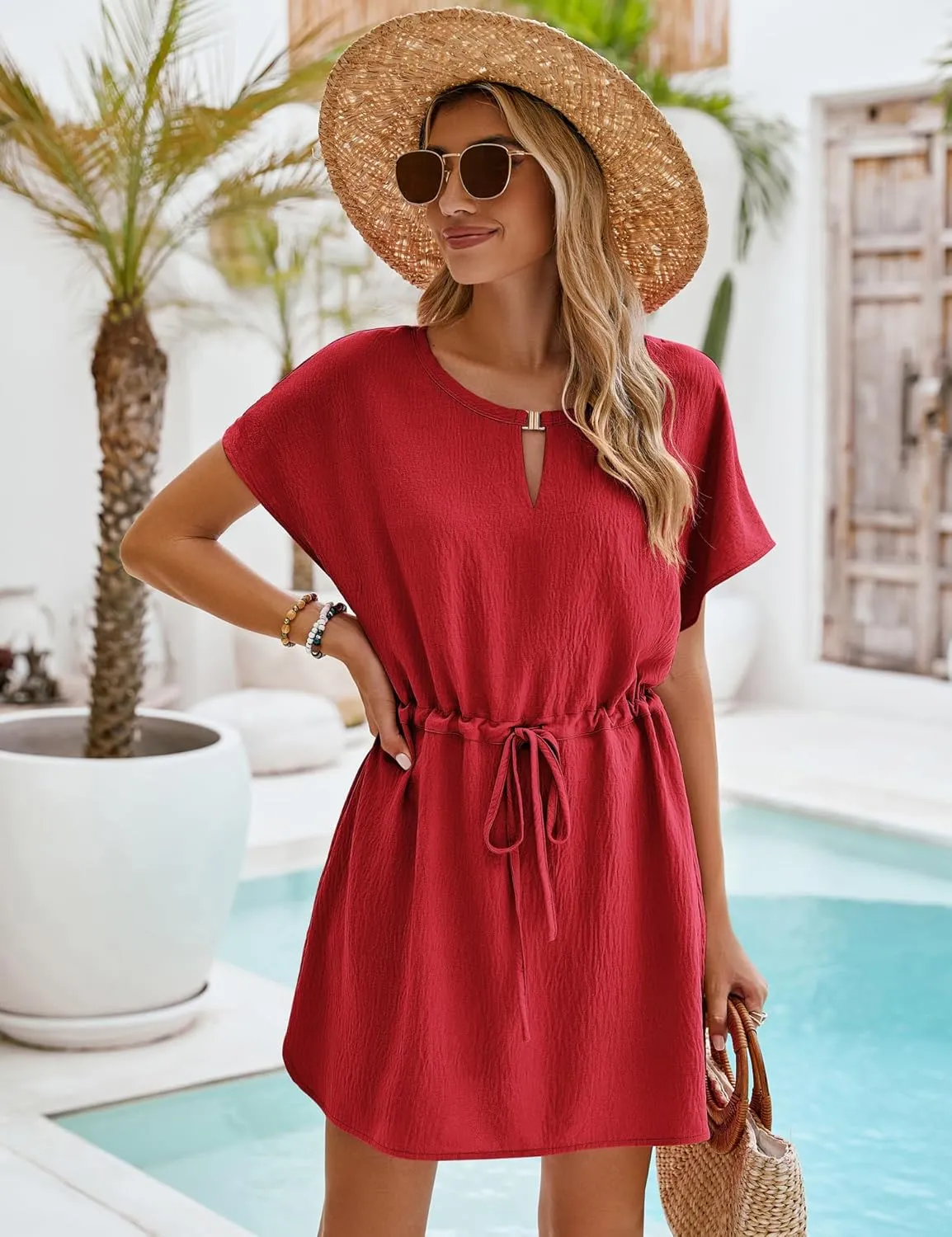 Bluetime Women Casual Summer Swimsuit Coverup Bikini Beachwear Coverups Flowy Short Sleeve Beach Dress