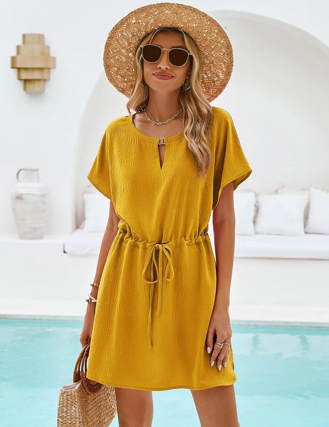Bluetime Women Casual Summer Swimsuit Coverup Bikini Beachwear Coverups Flowy Short Sleeve Beach Dress