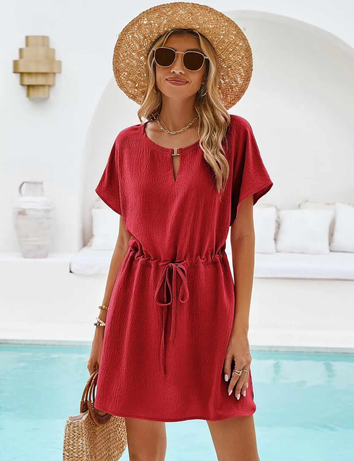 Bluetime Women Casual Summer Swimsuit Coverup Bikini Beachwear Coverups Flowy Short Sleeve Beach Dress