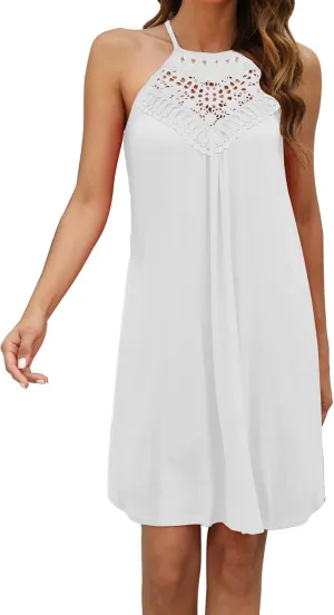 Bluetime Women's Lace Crochet Beach Swimsuit Bathing Suit Cover Up Swimwear Halter Sleeveless Sundress Coverup