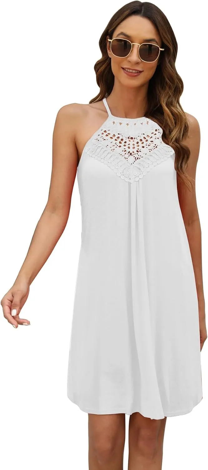Bluetime Women's Lace Crochet Beach Swimsuit Bathing Suit Cover Up Swimwear Halter Sleeveless Sundress Coverup