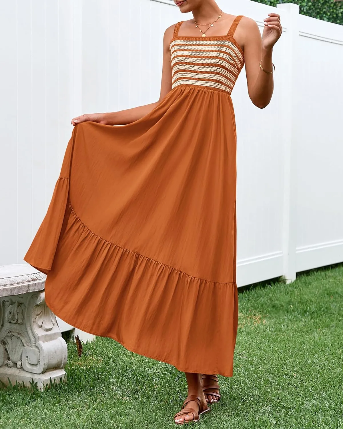 BTFBM Summer Midi Dresses for Women 2025 Spring Sleeveless Square Neck Smocked Flowy Long Beach Vacation Sundress Pocket