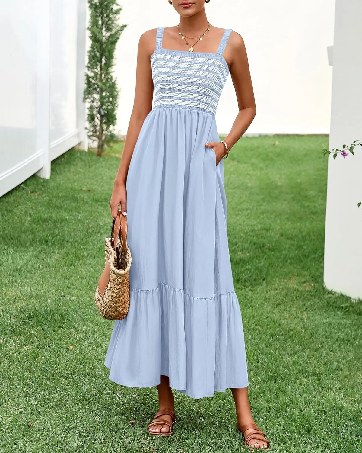 BTFBM Summer Midi Dresses for Women 2025 Spring Sleeveless Square Neck Smocked Flowy Long Beach Vacation Sundress Pocket