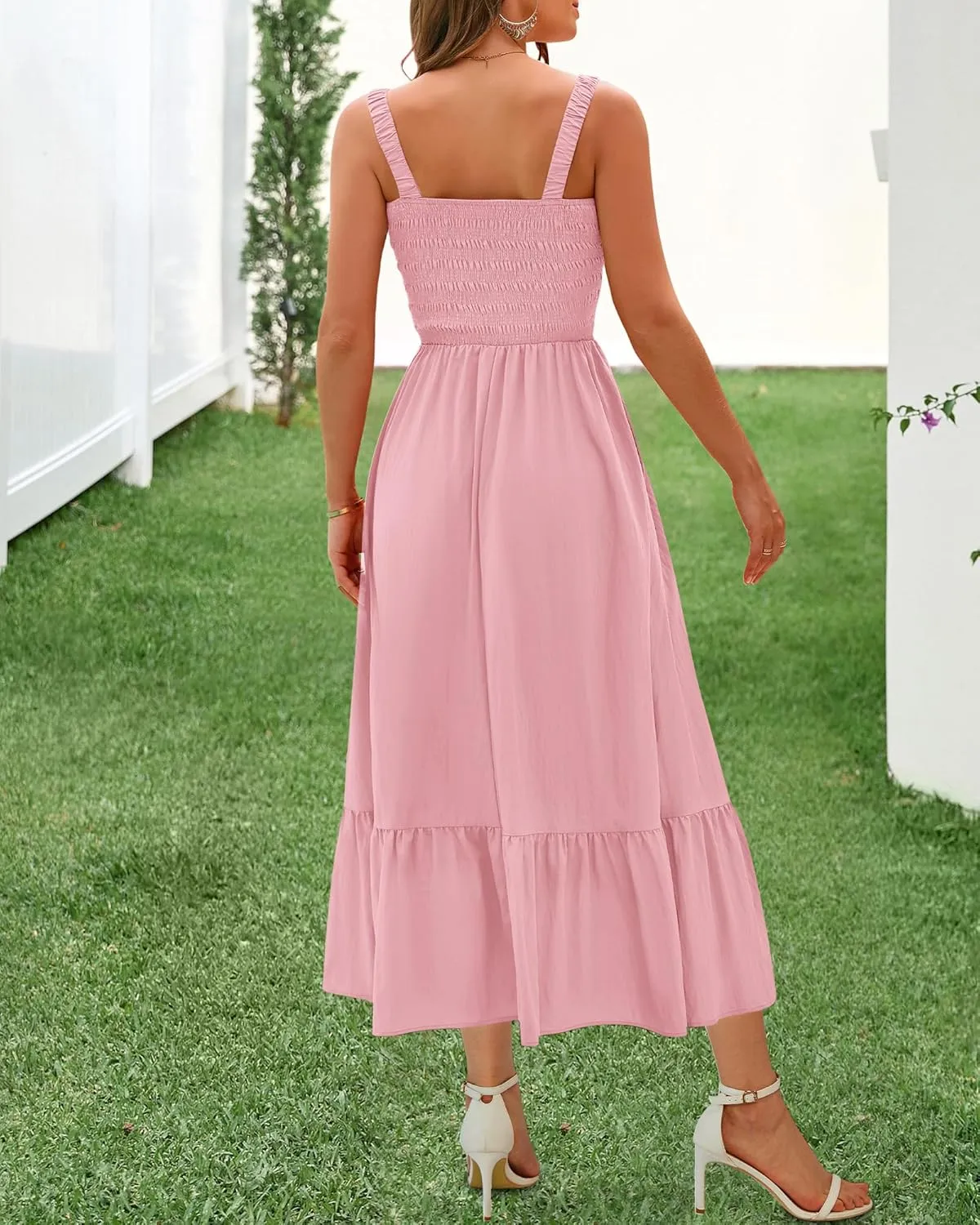 BTFBM Summer Midi Dresses for Women 2025 Spring Sleeveless Square Neck Smocked Flowy Long Beach Vacation Sundress Pocket