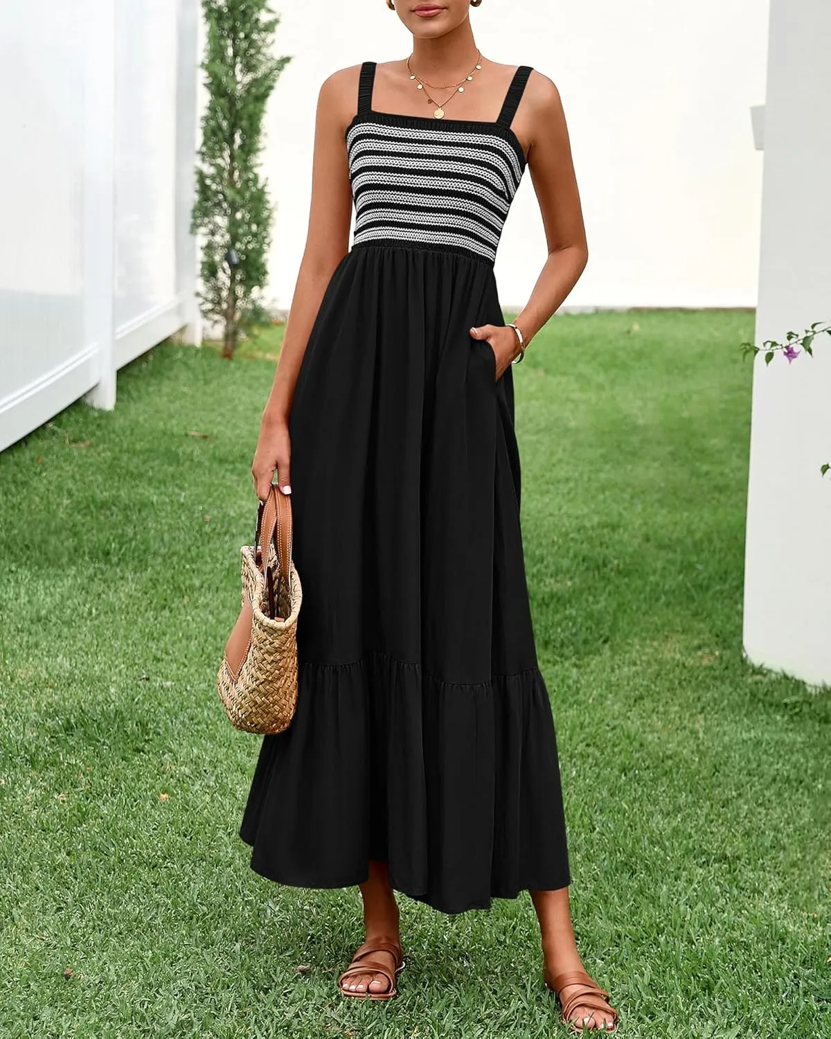 BTFBM Summer Midi Dresses for Women 2025 Spring Sleeveless Square Neck Smocked Flowy Long Beach Vacation Sundress Pocket