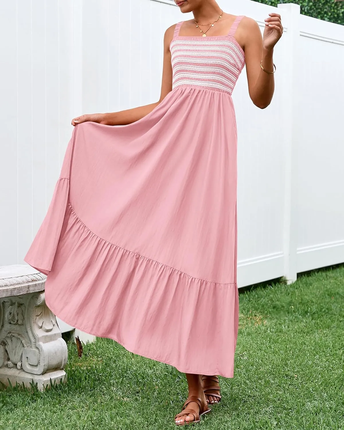 BTFBM Summer Midi Dresses for Women 2025 Spring Sleeveless Square Neck Smocked Flowy Long Beach Vacation Sundress Pocket