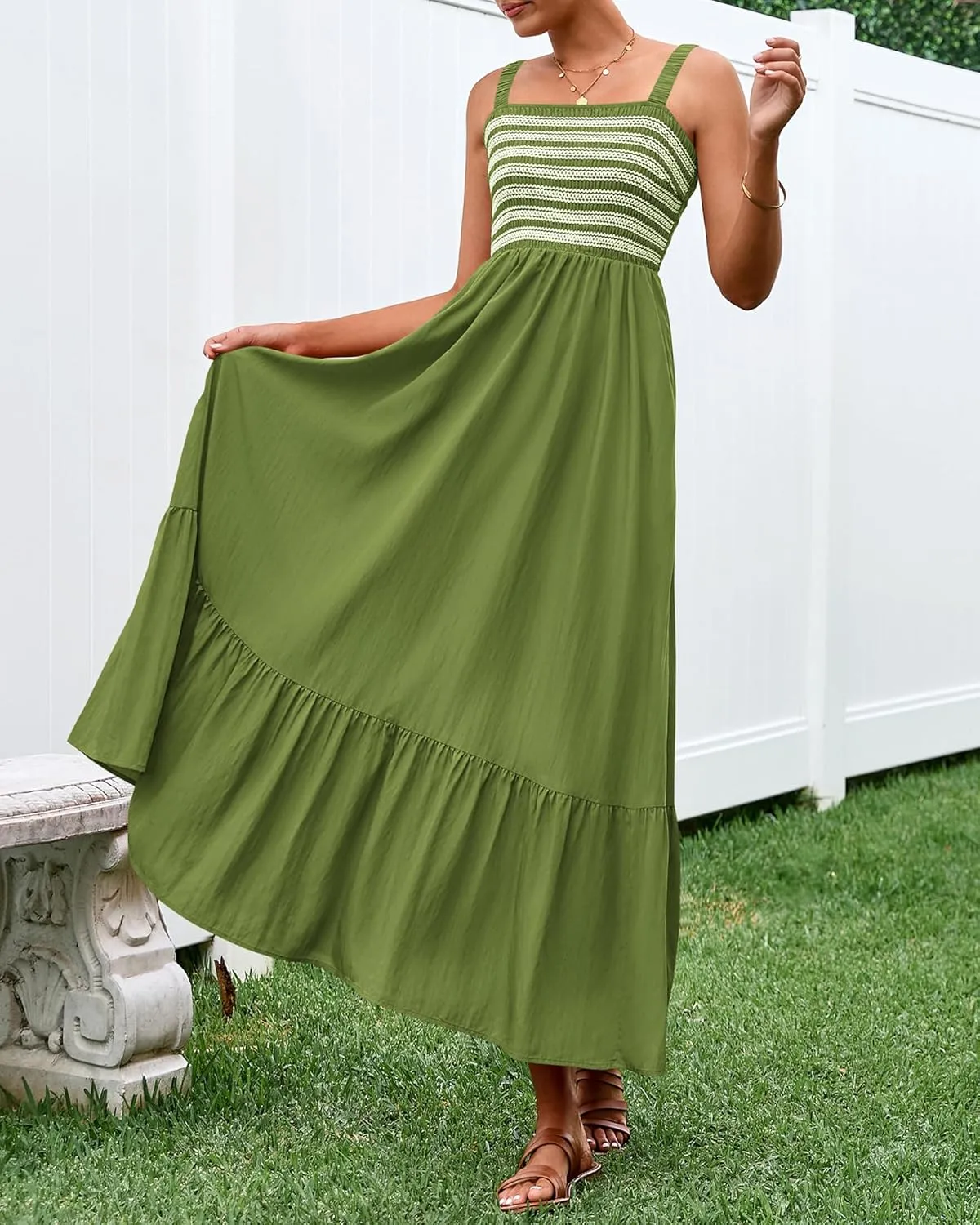 BTFBM Summer Midi Dresses for Women 2025 Spring Sleeveless Square Neck Smocked Flowy Long Beach Vacation Sundress Pocket