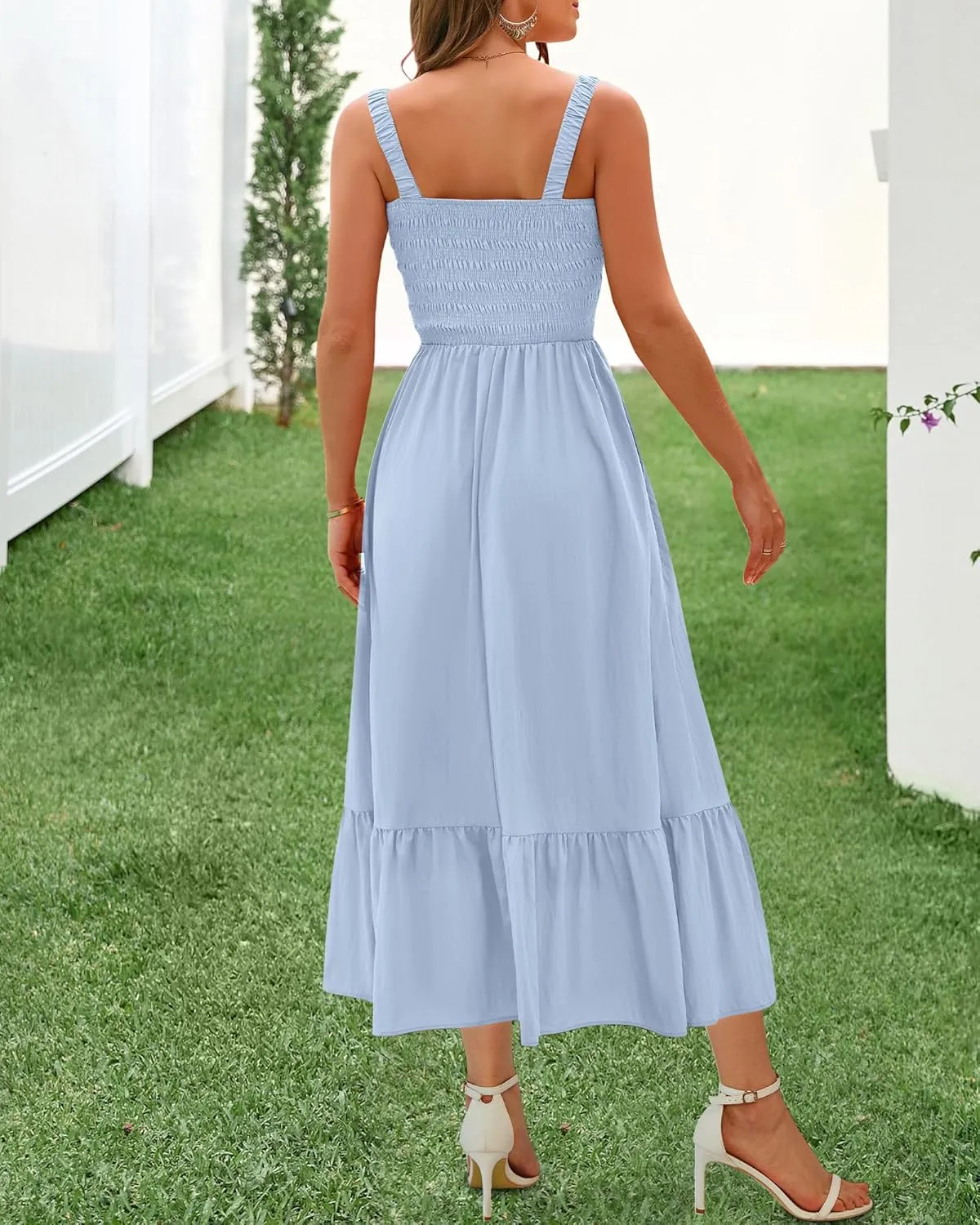 BTFBM Summer Midi Dresses for Women 2025 Spring Sleeveless Square Neck Smocked Flowy Long Beach Vacation Sundress Pocket