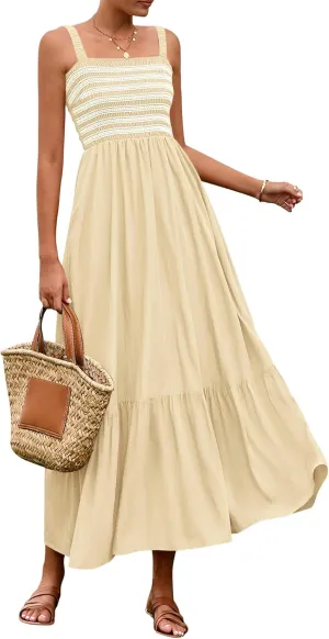 BTFBM Summer Midi Dresses for Women 2025 Spring Sleeveless Square Neck Smocked Flowy Long Beach Vacation Sundress Pocket