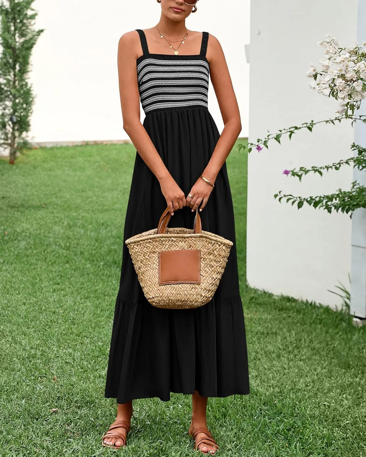 BTFBM Summer Midi Dresses for Women 2025 Spring Sleeveless Square Neck Smocked Flowy Long Beach Vacation Sundress Pocket