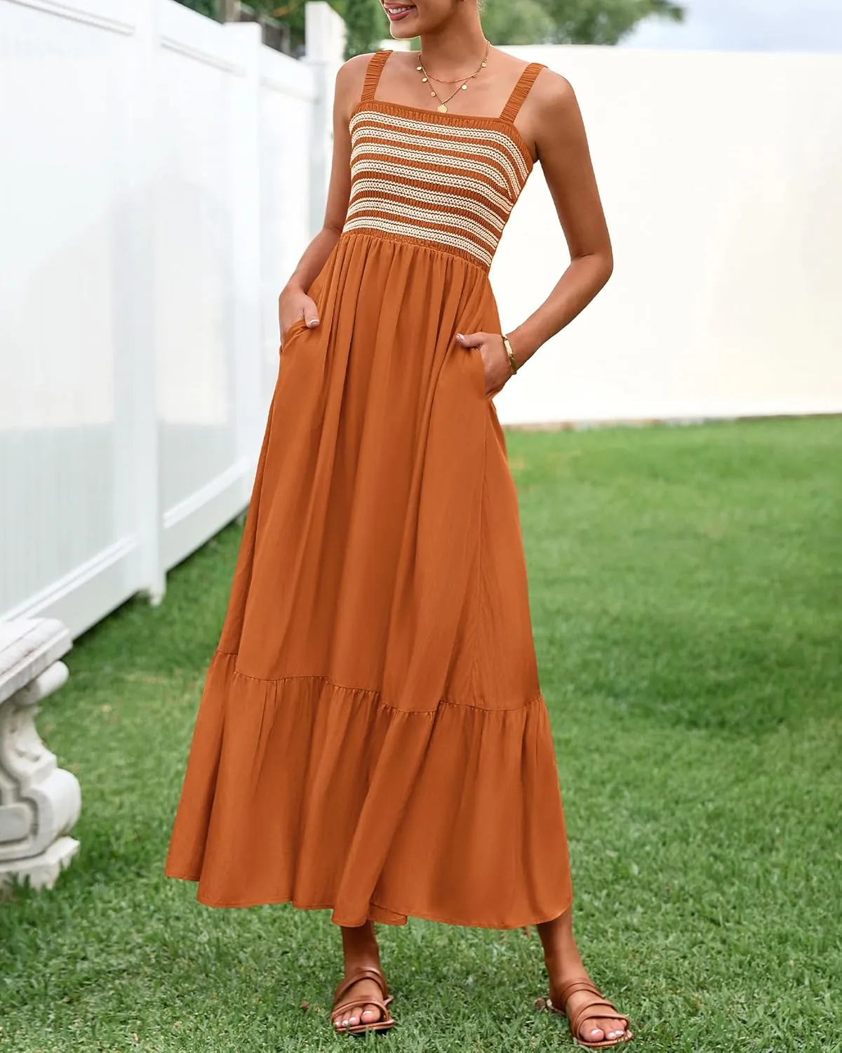 BTFBM Summer Midi Dresses for Women 2025 Spring Sleeveless Square Neck Smocked Flowy Long Beach Vacation Sundress Pocket