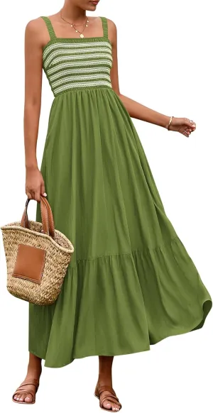 BTFBM Summer Midi Dresses for Women 2025 Spring Sleeveless Square Neck Smocked Flowy Long Beach Vacation Sundress Pocket