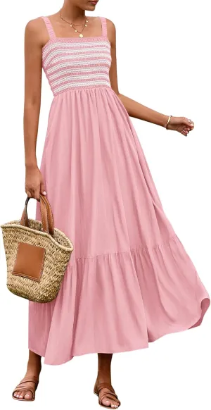 BTFBM Summer Midi Dresses for Women 2025 Spring Sleeveless Square Neck Smocked Flowy Long Beach Vacation Sundress Pocket
