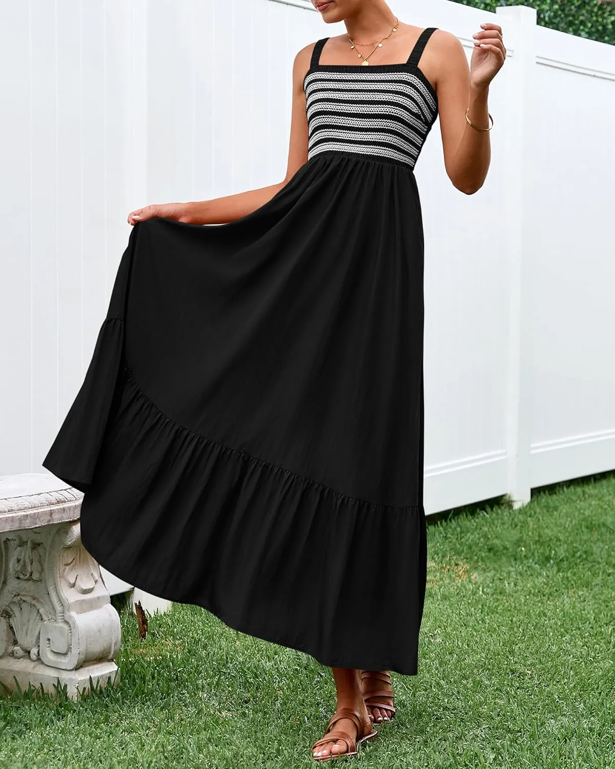 BTFBM Summer Midi Dresses for Women 2025 Spring Sleeveless Square Neck Smocked Flowy Long Beach Vacation Sundress Pocket