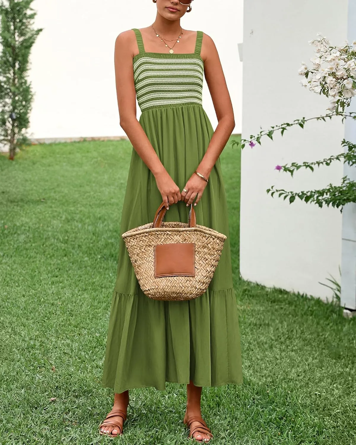 BTFBM Summer Midi Dresses for Women 2025 Spring Sleeveless Square Neck Smocked Flowy Long Beach Vacation Sundress Pocket