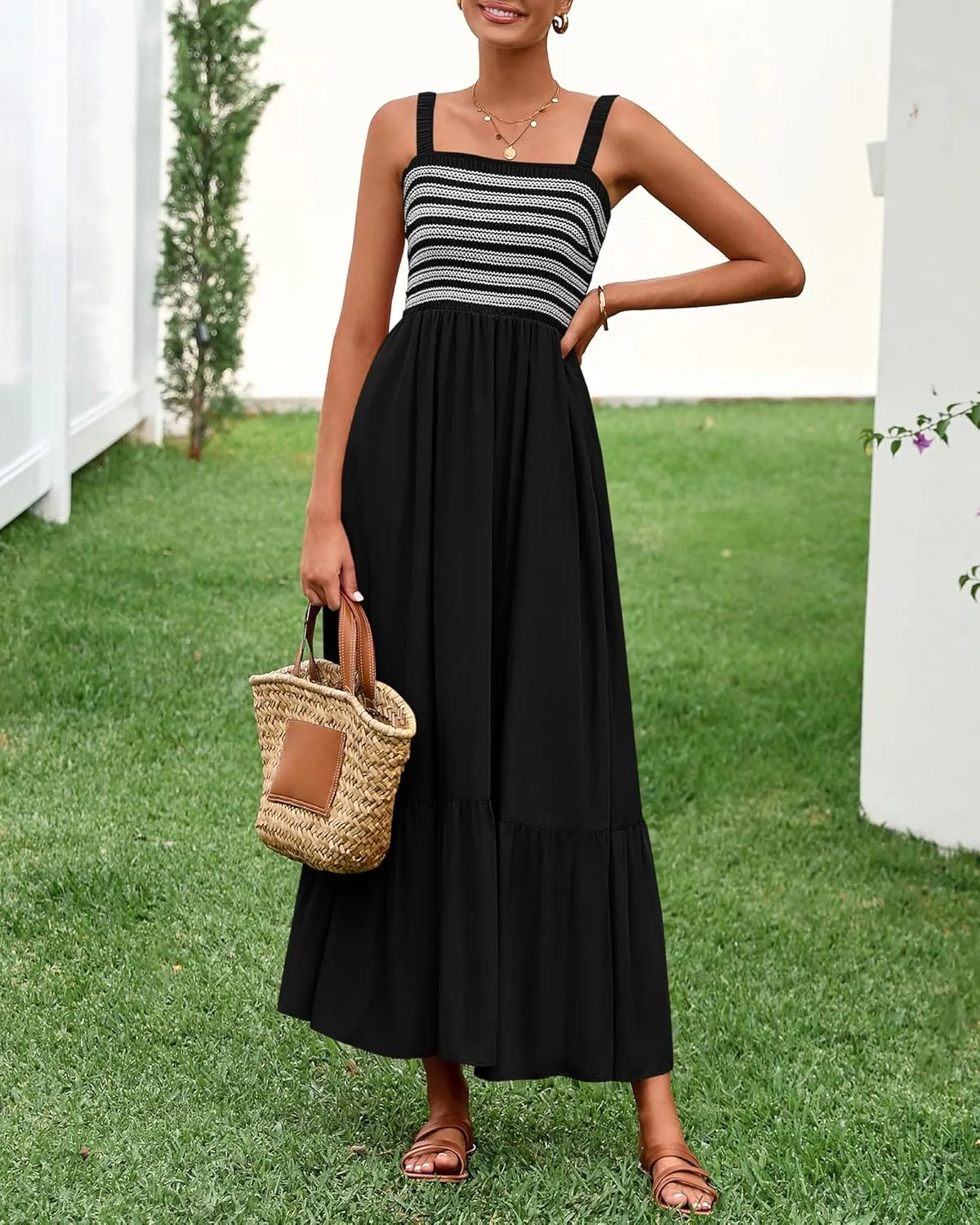 BTFBM Summer Midi Dresses for Women 2025 Spring Sleeveless Square Neck Smocked Flowy Long Beach Vacation Sundress Pocket