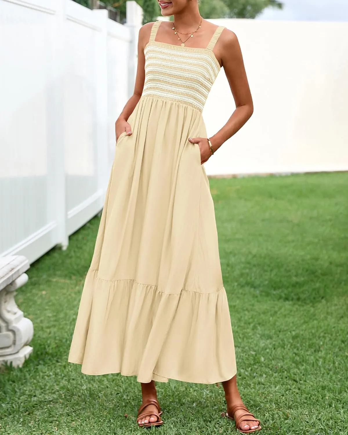 BTFBM Summer Midi Dresses for Women 2025 Spring Sleeveless Square Neck Smocked Flowy Long Beach Vacation Sundress Pocket