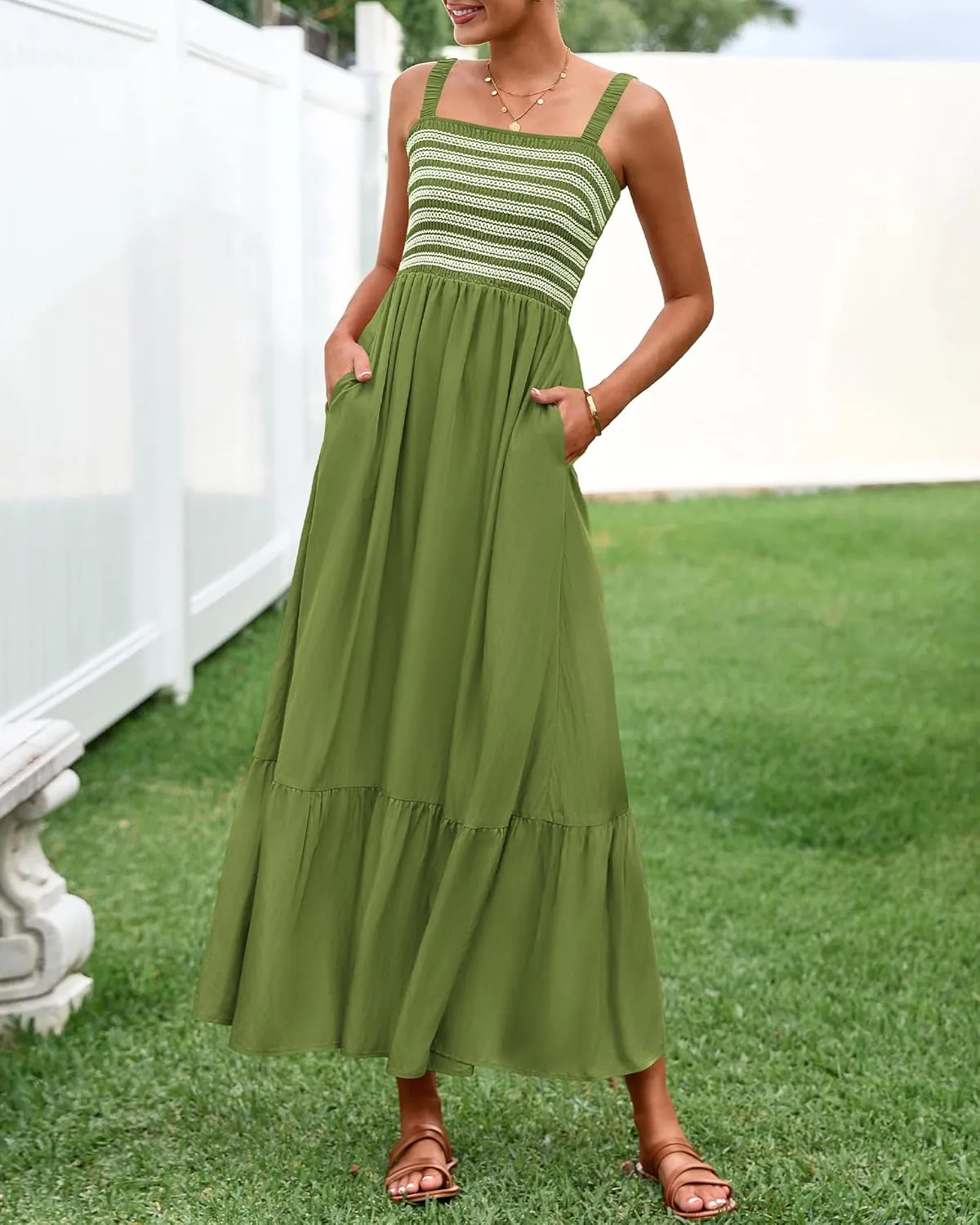 BTFBM Summer Midi Dresses for Women 2025 Spring Sleeveless Square Neck Smocked Flowy Long Beach Vacation Sundress Pocket