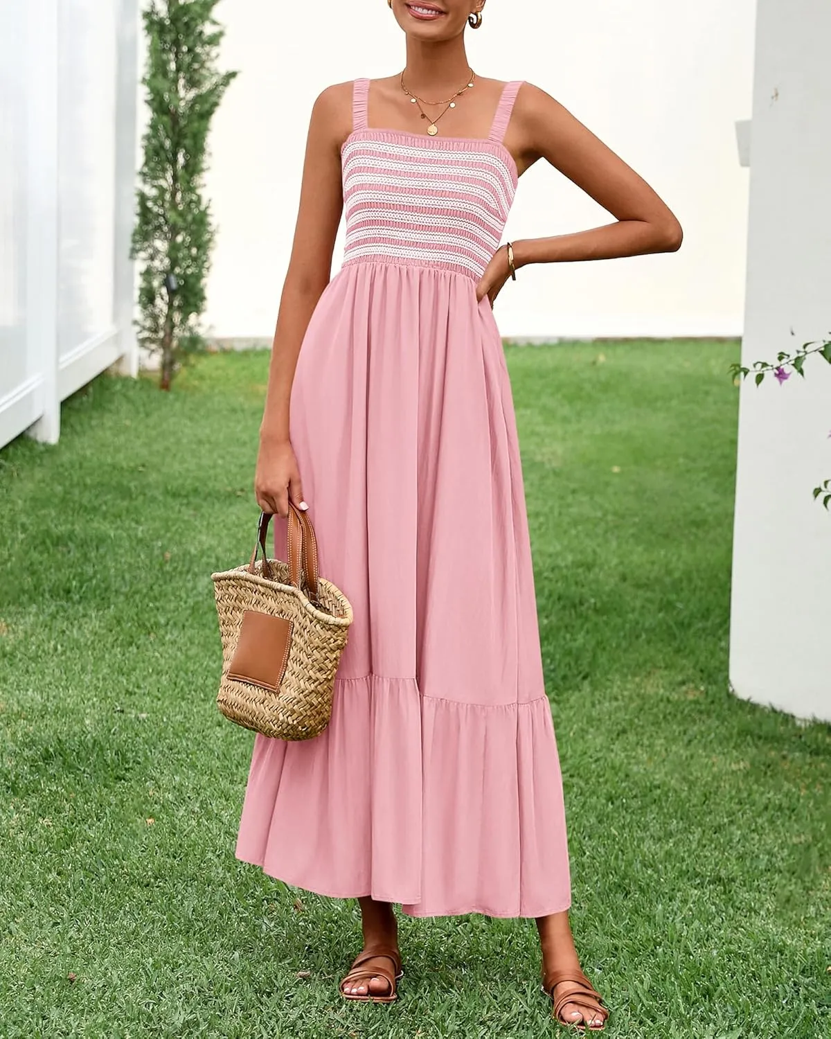 BTFBM Summer Midi Dresses for Women 2025 Spring Sleeveless Square Neck Smocked Flowy Long Beach Vacation Sundress Pocket