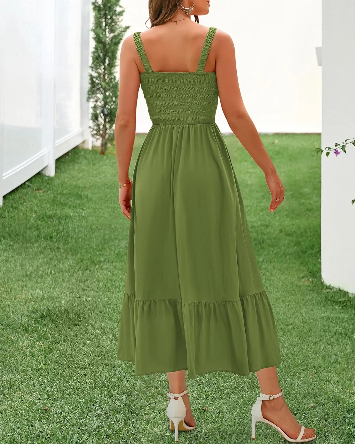 BTFBM Summer Midi Dresses for Women 2025 Spring Sleeveless Square Neck Smocked Flowy Long Beach Vacation Sundress Pocket