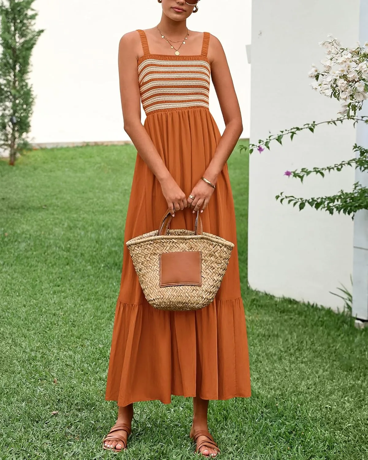 BTFBM Summer Midi Dresses for Women 2025 Spring Sleeveless Square Neck Smocked Flowy Long Beach Vacation Sundress Pocket