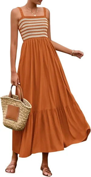 BTFBM Summer Midi Dresses for Women 2025 Spring Sleeveless Square Neck Smocked Flowy Long Beach Vacation Sundress Pocket