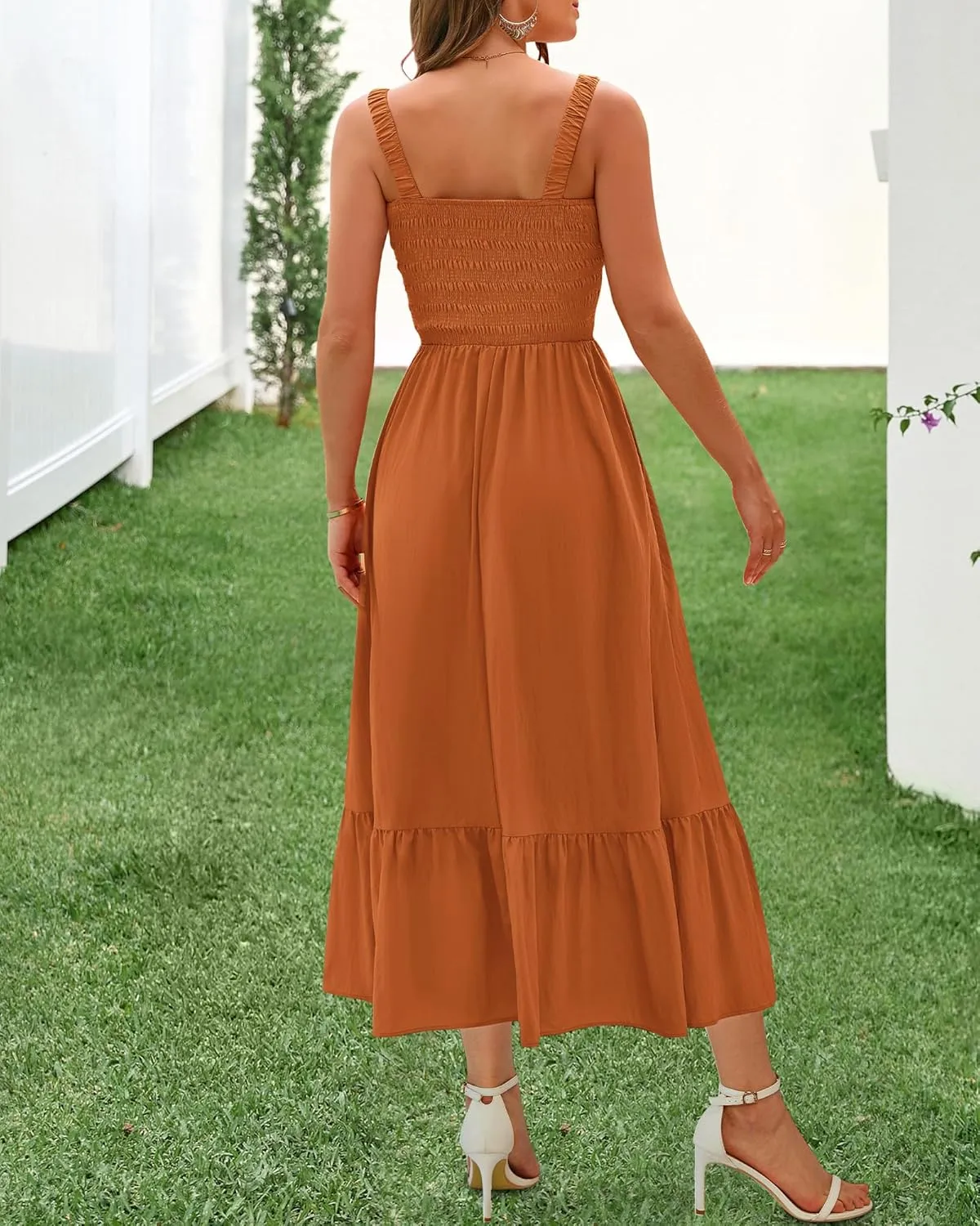 BTFBM Summer Midi Dresses for Women 2025 Spring Sleeveless Square Neck Smocked Flowy Long Beach Vacation Sundress Pocket