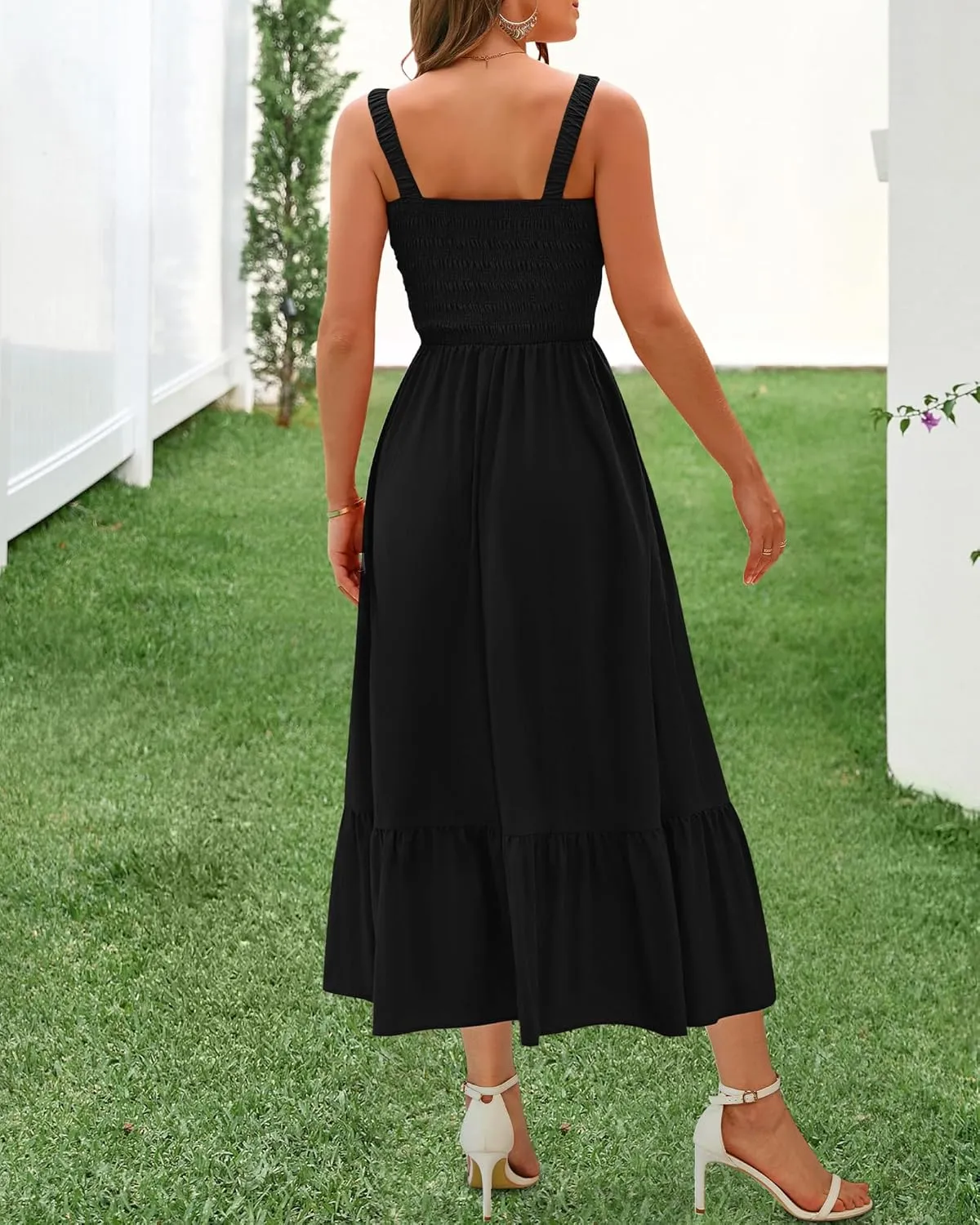 BTFBM Summer Midi Dresses for Women 2025 Spring Sleeveless Square Neck Smocked Flowy Long Beach Vacation Sundress Pocket