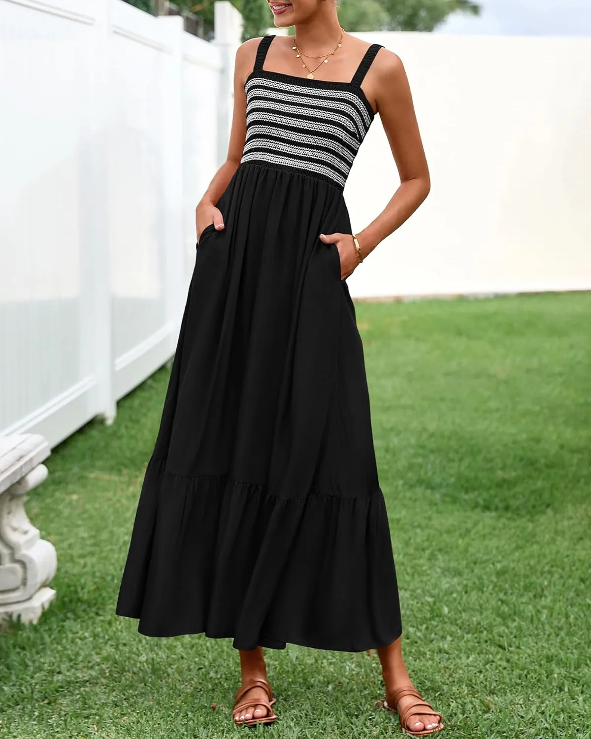 BTFBM Summer Midi Dresses for Women 2025 Spring Sleeveless Square Neck Smocked Flowy Long Beach Vacation Sundress Pocket