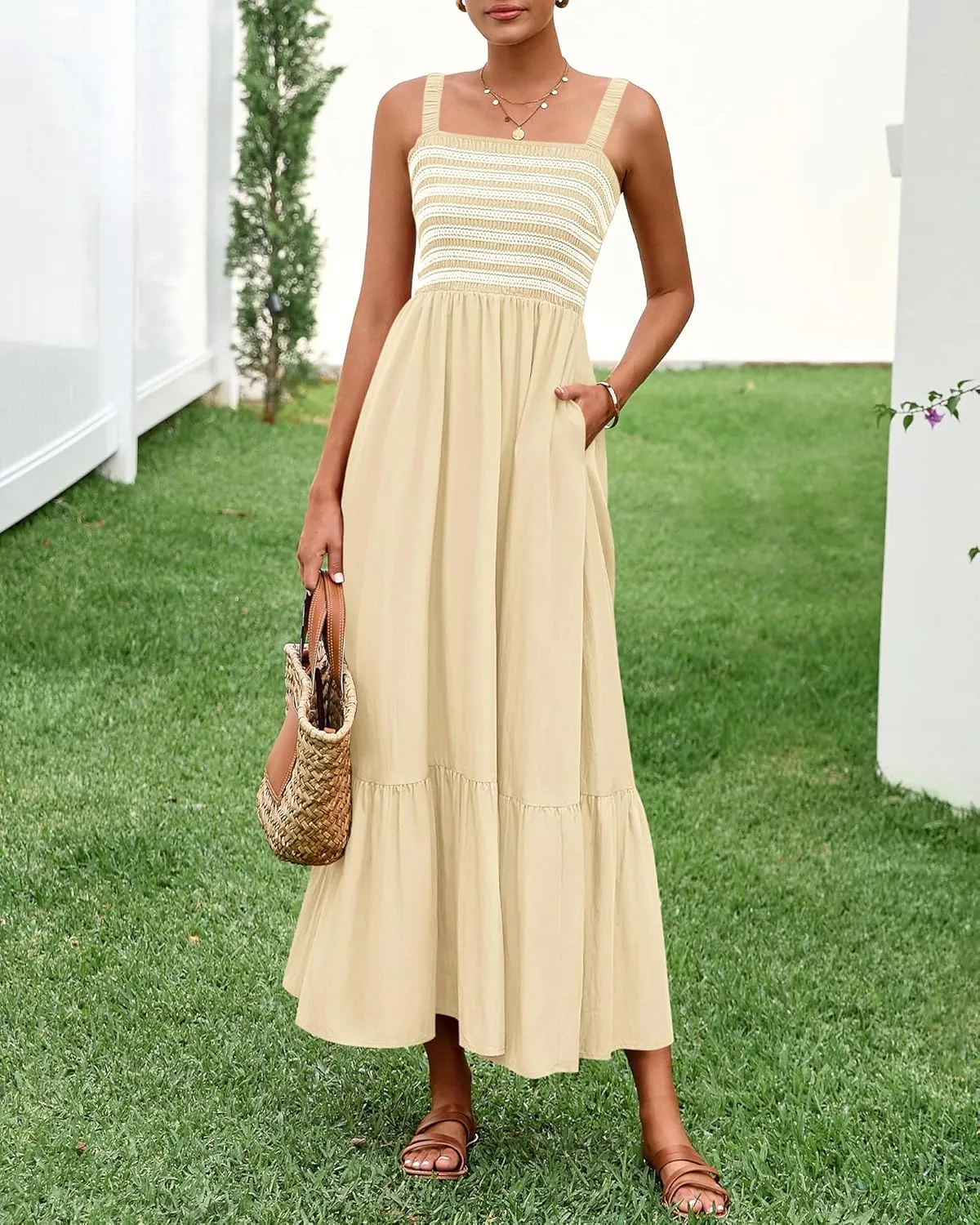 BTFBM Summer Midi Dresses for Women 2025 Spring Sleeveless Square Neck Smocked Flowy Long Beach Vacation Sundress Pocket