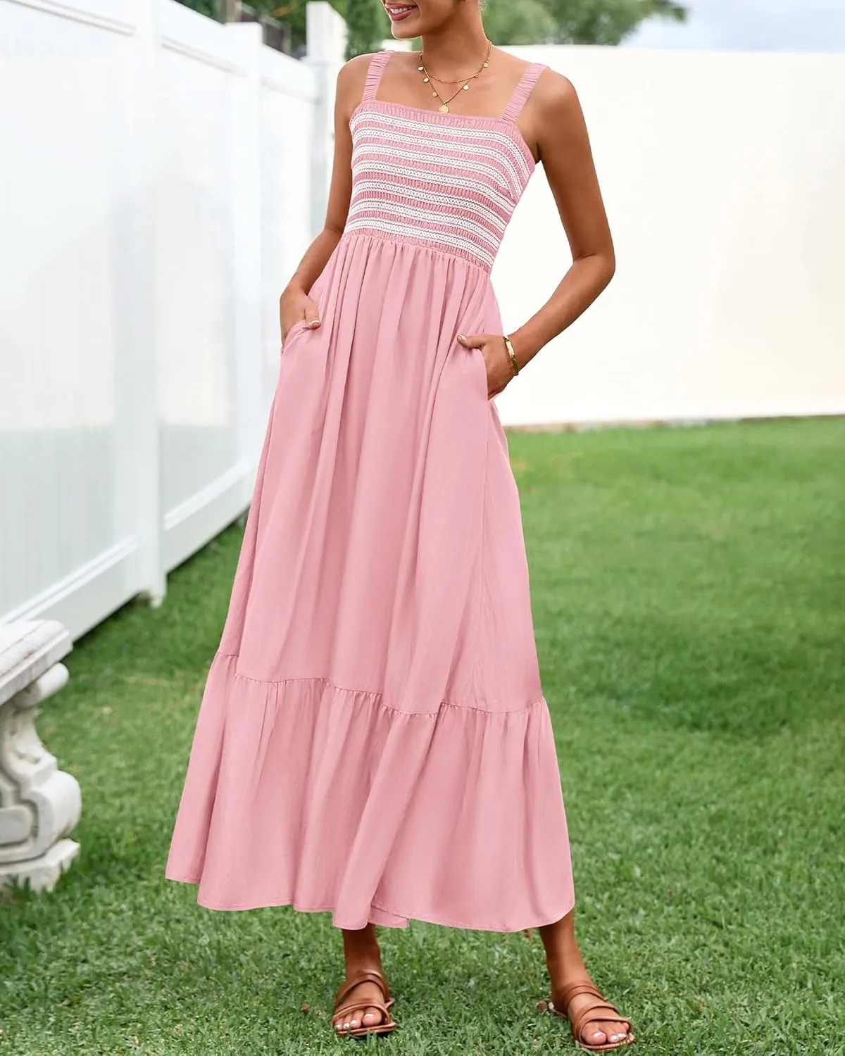 BTFBM Summer Midi Dresses for Women 2025 Spring Sleeveless Square Neck Smocked Flowy Long Beach Vacation Sundress Pocket
