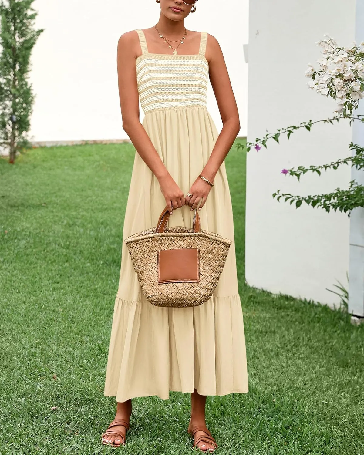 BTFBM Summer Midi Dresses for Women 2025 Spring Sleeveless Square Neck Smocked Flowy Long Beach Vacation Sundress Pocket