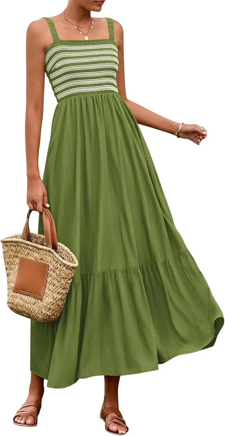BTFBM Summer Midi Dresses for Women 2025 Spring Sleeveless Square Neck Smocked Flowy Long Beach Vacation Sundress Pocket